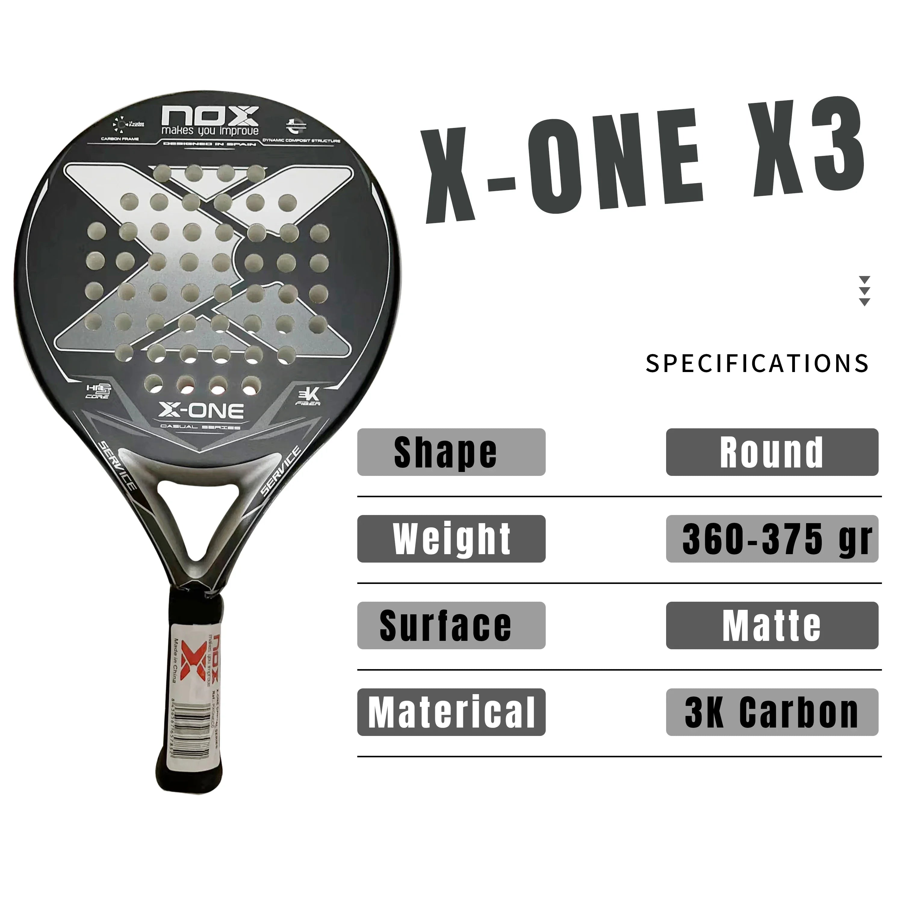 NOX X-ONE 3K Carbon Fibre Padel Racket - Black / Grey